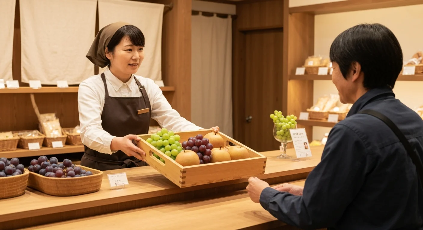果物が並ぶ直売所のカウンターでぶどうを手に取る様子