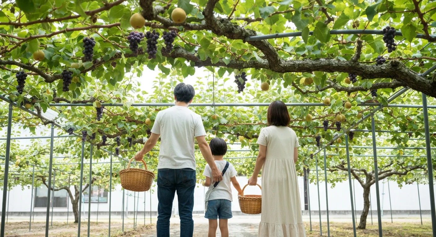 梨の木の下で収穫かごを持つ親子の後ろ姿